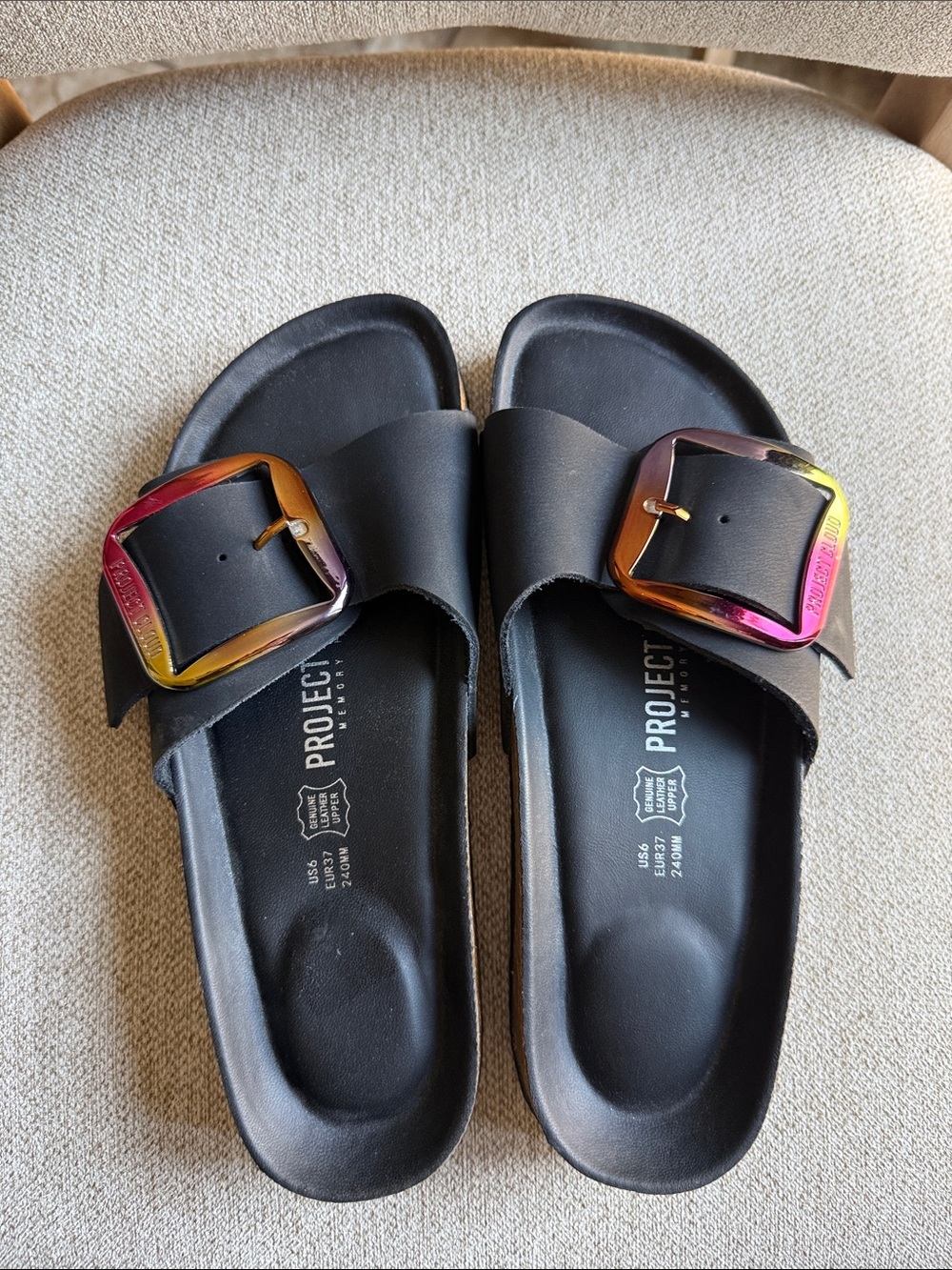 Y/Project Black Slide Sandals with Multicolor Iridescent Buckles